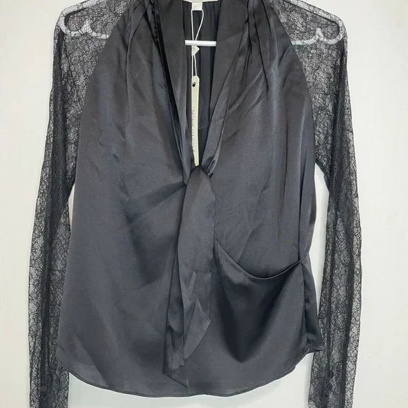 Jonathan Simkhai Satin Tie Neck Chantilly Lace Sleeve Wrap Black Blouse XS - Picture 5 of 12